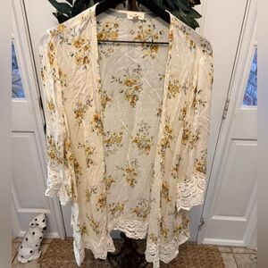 Mason Belle Boho Dainty Floral Print Kimono Caftan Open Front w Crochet Trim XL